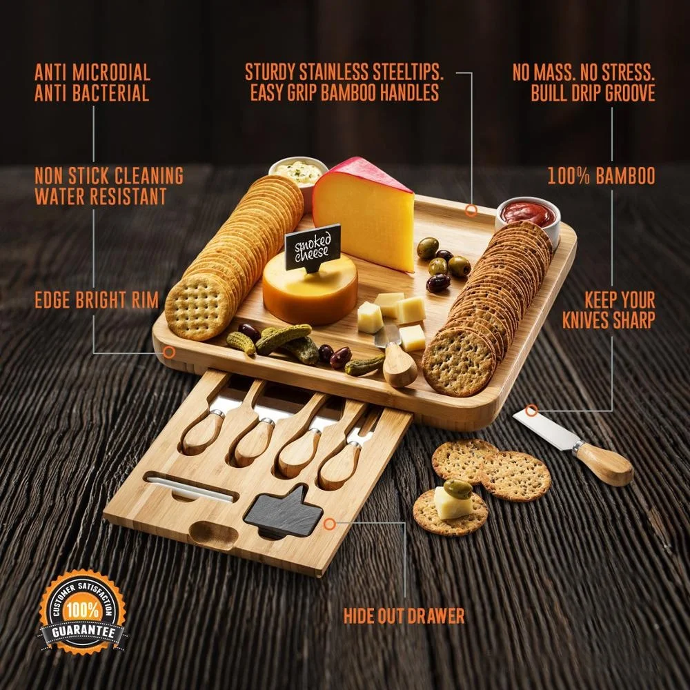 Bamboo Cheese Board Wooden Two Ceramic Bowls Two Magnet Drawers Serving Platter Cutlery Server Knife Set