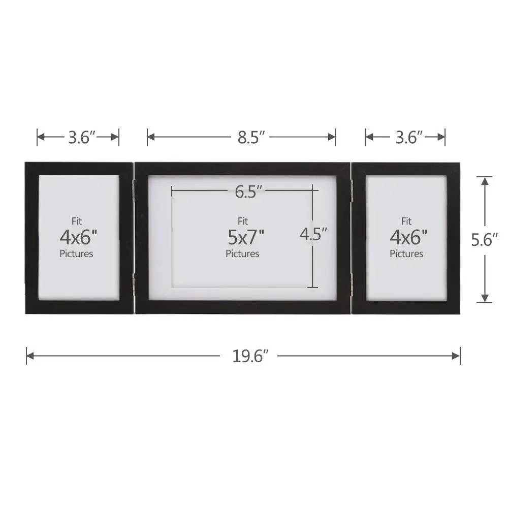 New Design Three Picture Frame 4x6' 5x7' Wooden Folding Black Collage Hinged Folding Triple Photo Frames