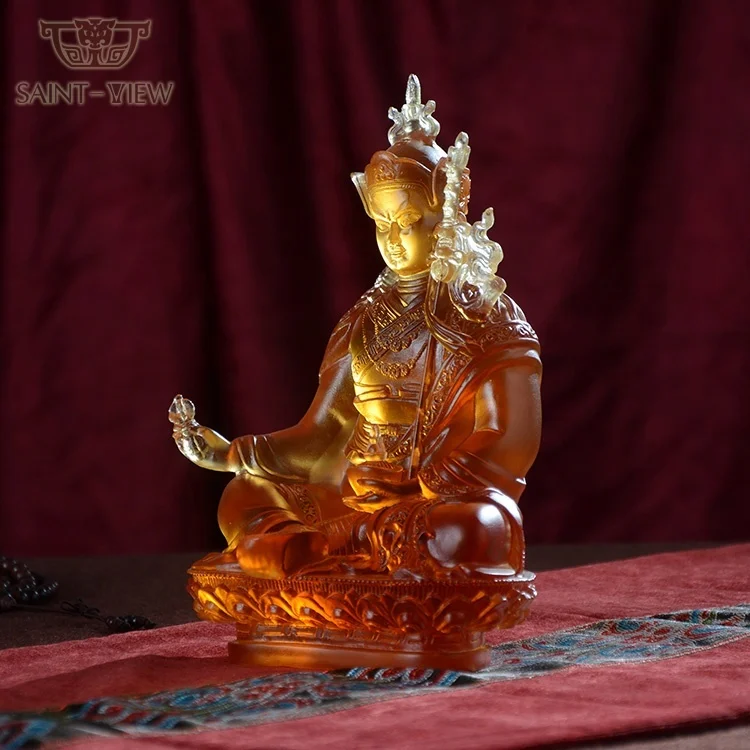 Majestic Colored Glass Liuli Vajrayana Buddha Statue Padmasambhava Sculpture H12cm