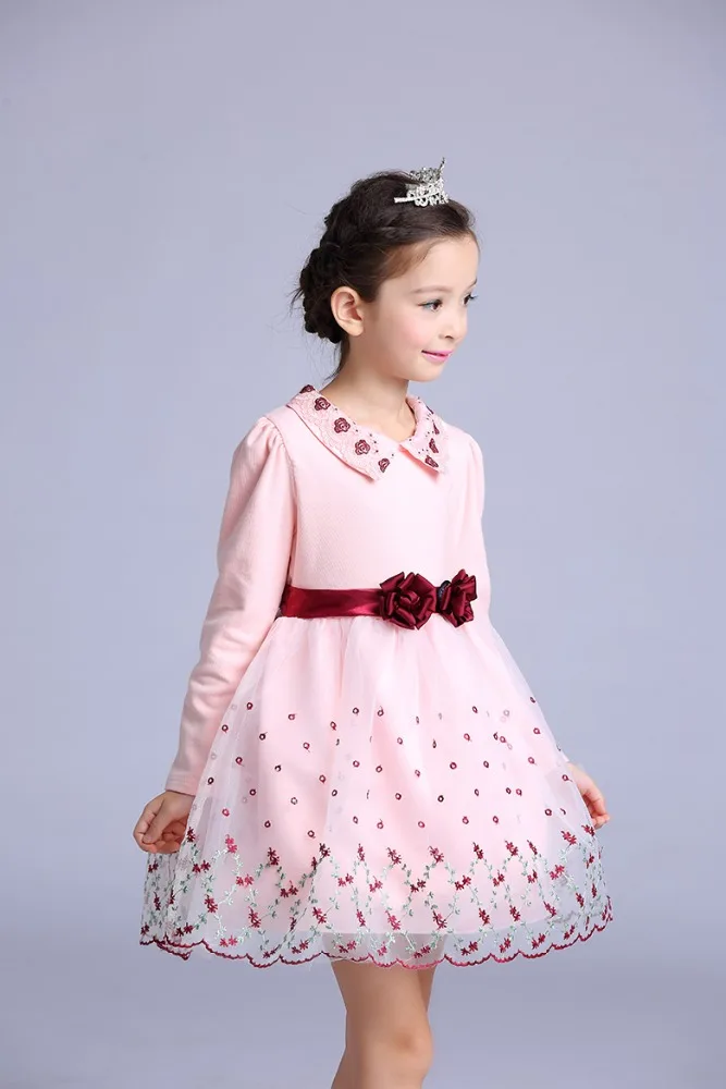 Retail Pink princess flower Embroidery Girls Pageant Dresses Long Sleeve Weddings Cheap Little Girl Party Dress