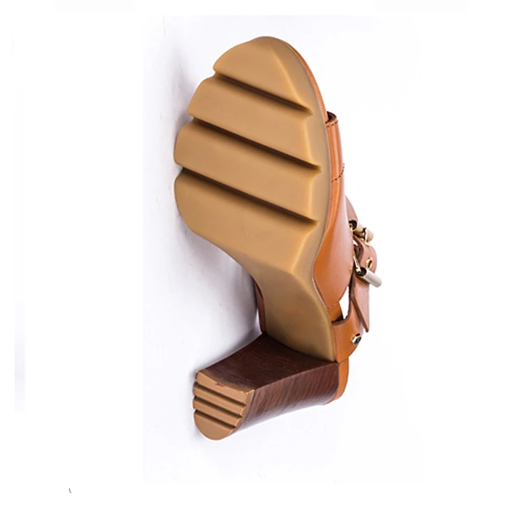 Camel genuine leather upper metal square buckle 6cm wide high heels for women shoes fashion ladies slippers sandals