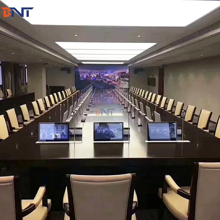 17.3 inch desktop flush mount motorized monitor lift mechanism integrate with microphone