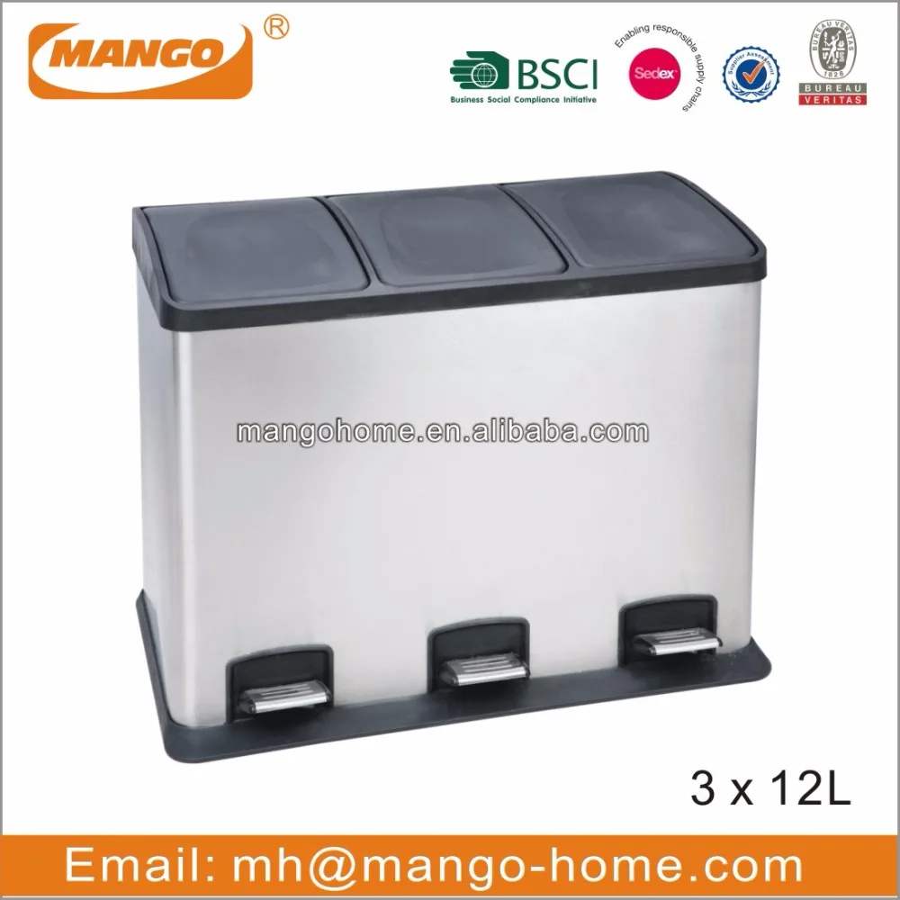 60L Rectangular Stainless Steel 3 Compartments Recycle Bin Recycle Waste Bin Trash Can Dust Bin