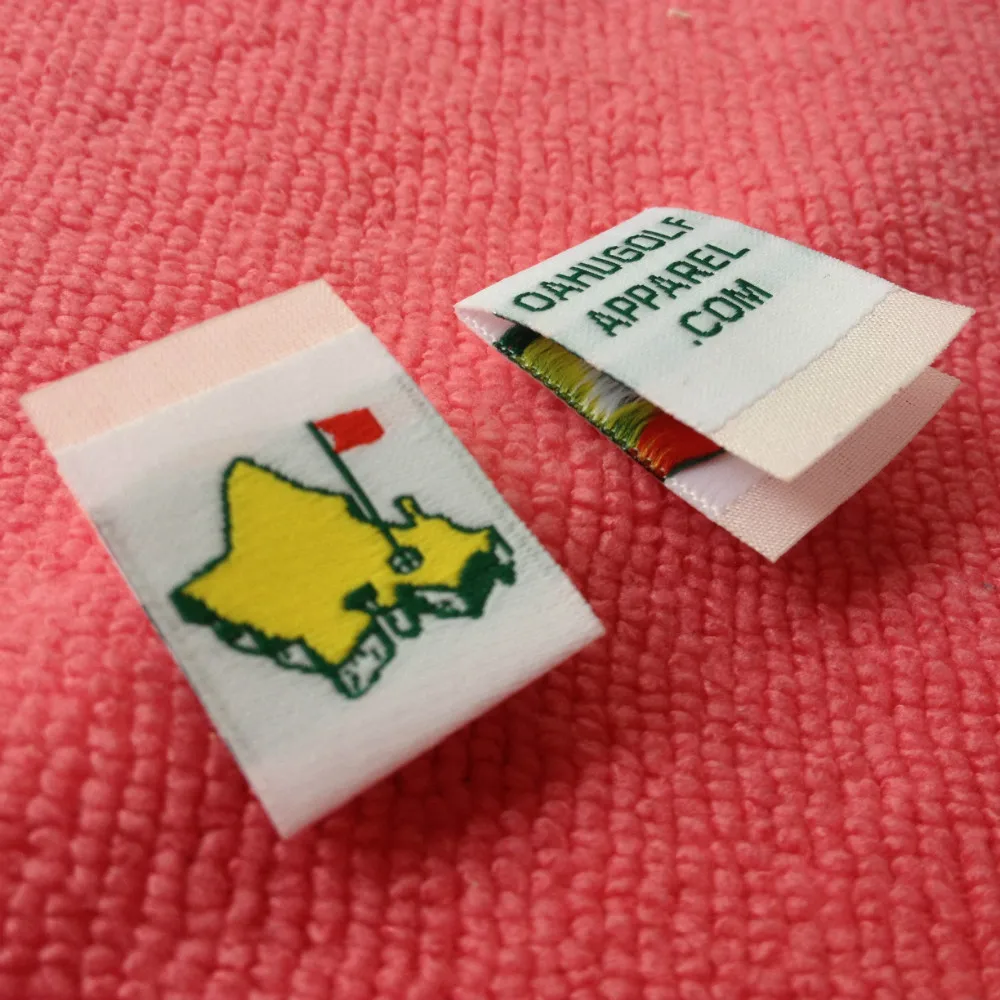 High density white taffeta woven label for golf apparel,washing care apparel label for neck