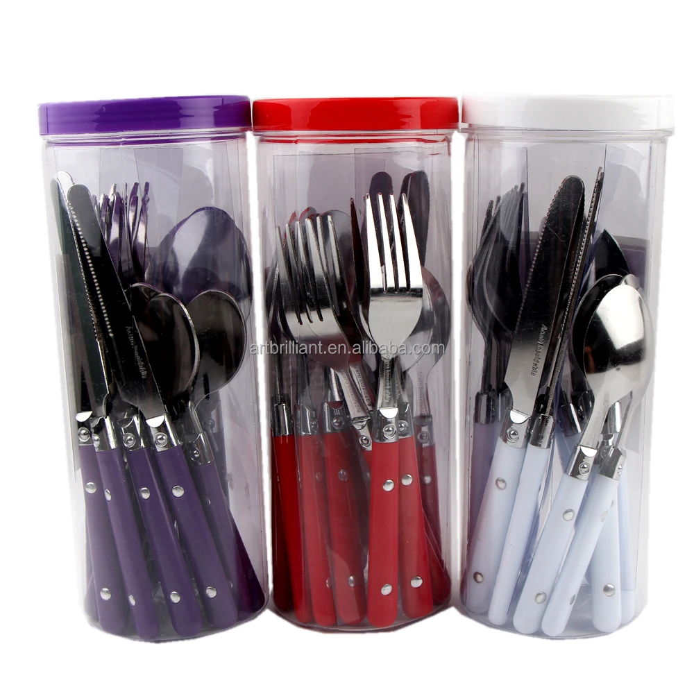 purple handle flatware set with plastic PET box tude 16pcs set Dishwasher safe for 4 people