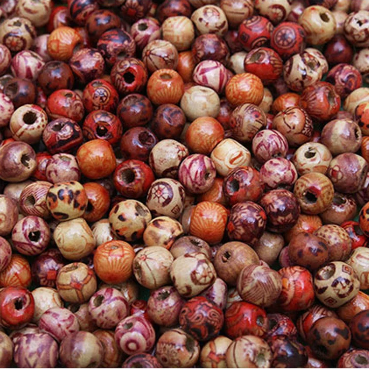 DIY Jewelry Accessories Fashion Printed Flower Large Hole Wood Beads Handmade Wooden Beads