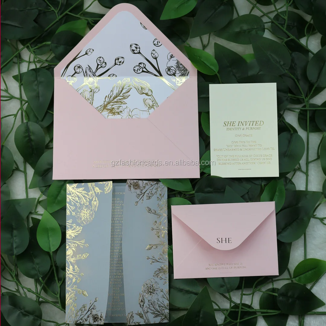 Personalized  Vellum Gold Floral Wedding Invitations with Acrylic Invitation Card
