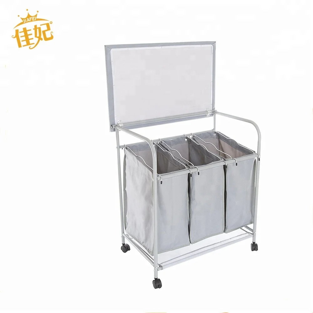 2019 high quality 3 compartment wheeled laundry hamper sorter with lids