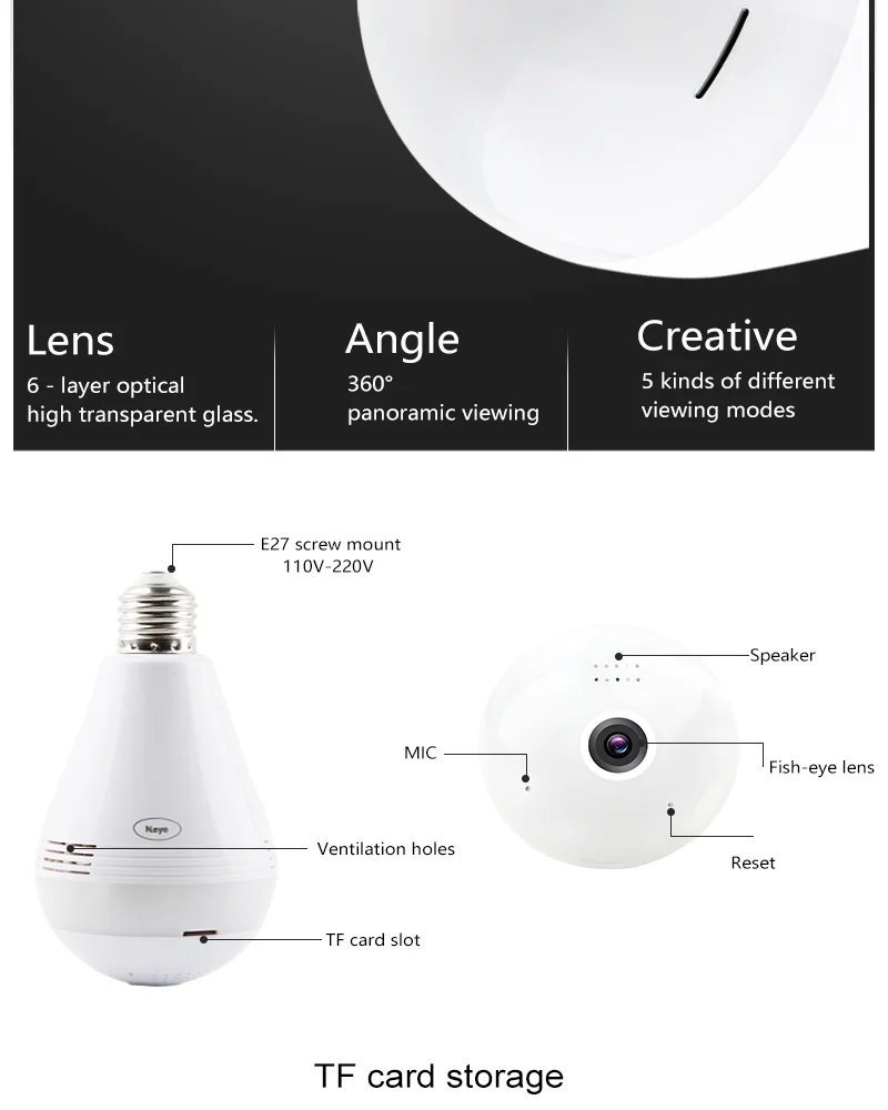 
2MP Home Wifi Security Fisheye Lens Panoramic Camera CCTV Hidden Light Bulb Camera 