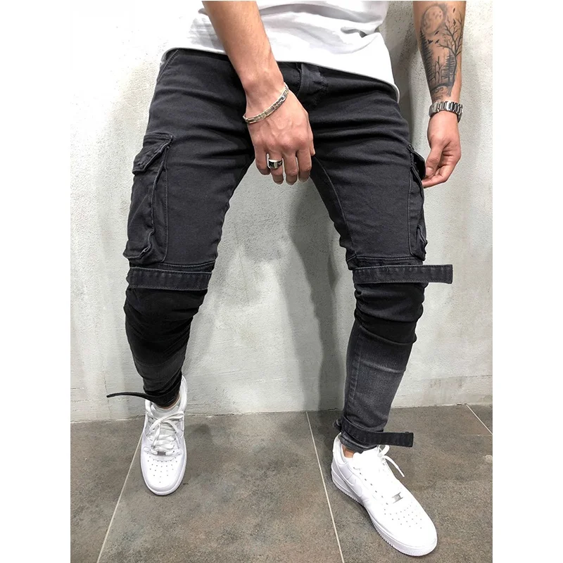 
Wholesale Price Mens Slim Fit Black Cargo Jeans Homme 