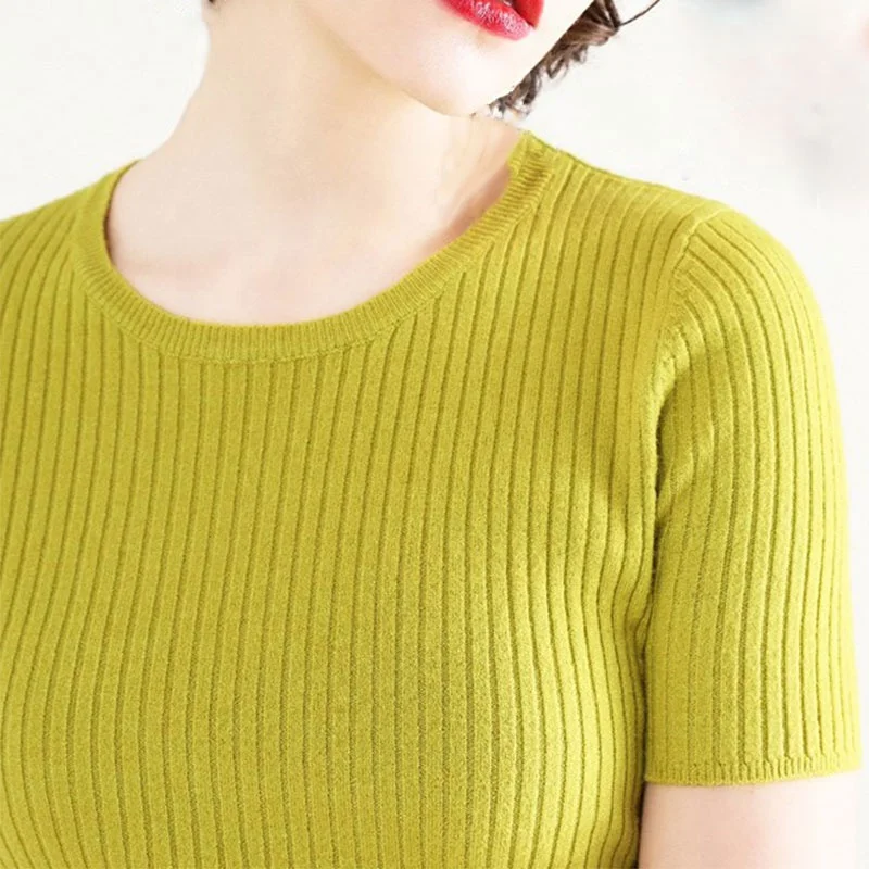 
New thin section round neck sweater short sleeve female Slim Korean version loose lazy knit bottoming shirt large size 