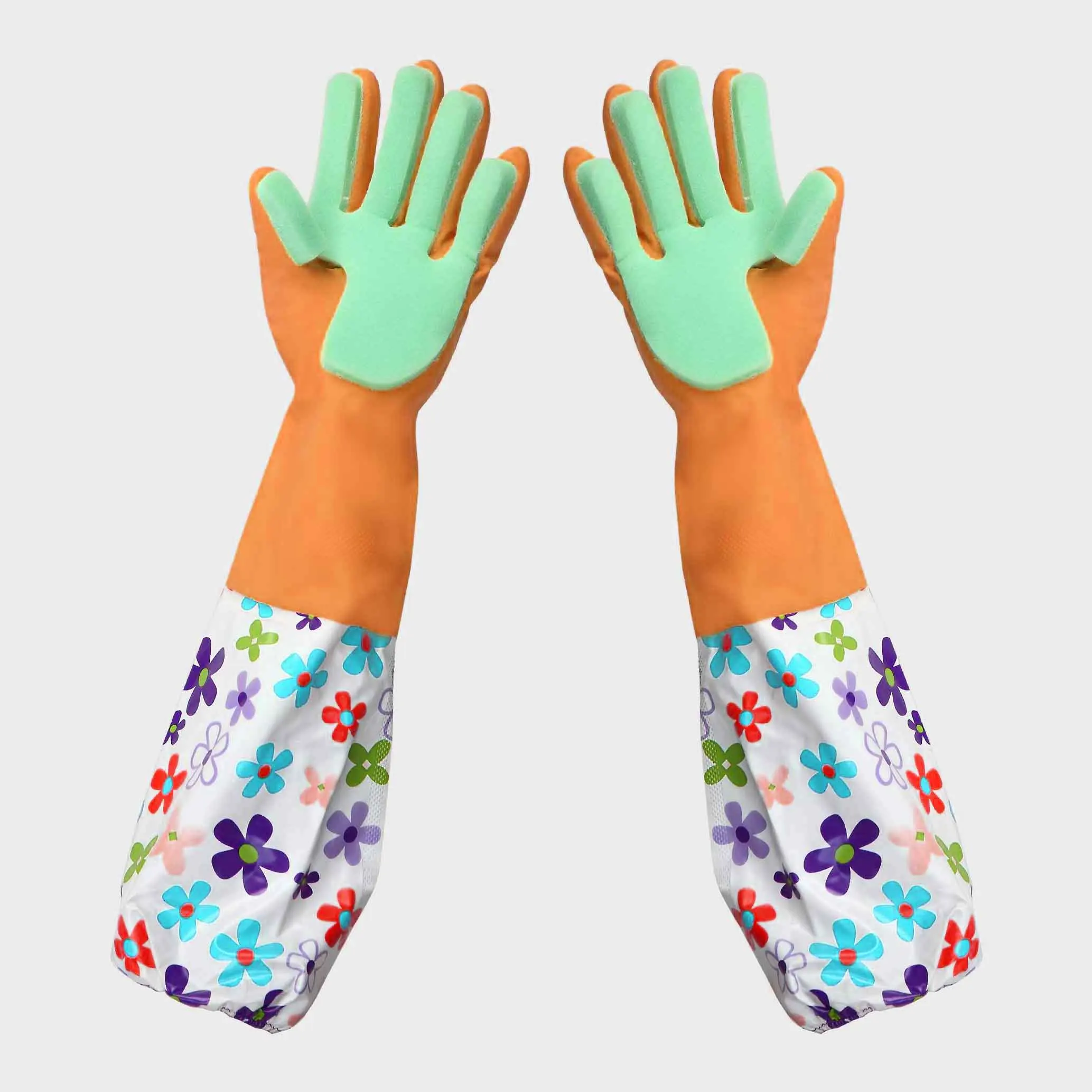 long Silicone rubber Dish Wash Gloves with sponge.