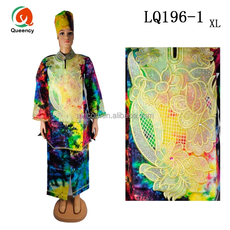 LQ192 Queency Fashion Style African Bazin Embroidery Design Dress with Head Scarf Plus Size