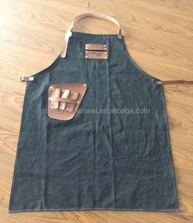 custom denim barber apron with leather pocket