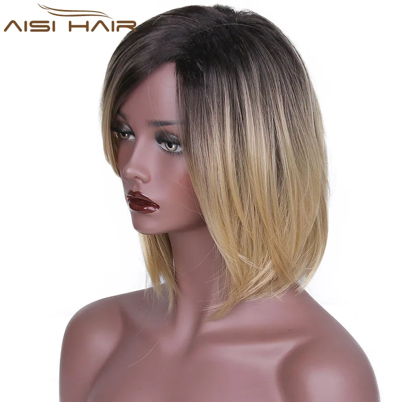 Aisi Hair The Best Selling Short Straight Bob Wigs For Black Women Synthetic Black Blonde Ombre Two Tone Color Hair Wig