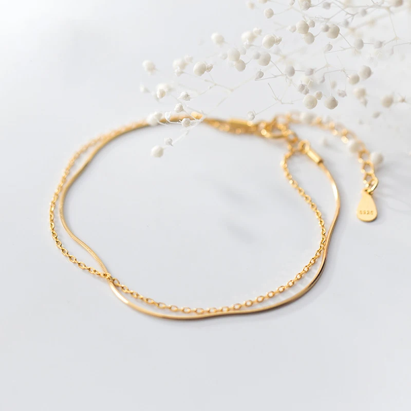 Genuine 925 Sterling Silver Gold Color Double Link Snake Chain Bracelets Women Jewelry 2019 New
