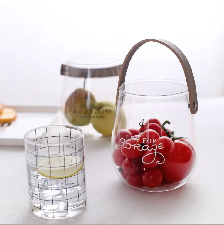Wholesale Borosilicate Glass Leather Handle Clear Round Snack Storage Glass Jar