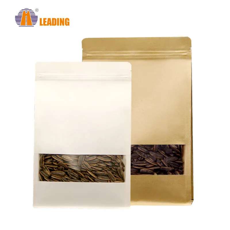 
China Resealable Custom Logo Kraft Paper Bag White Kraft Paper Food Packaging Bag With transparent Window 