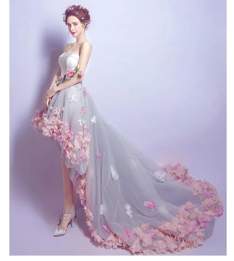 Wholesale Beatiful Short Front And Long Train Lace Applique Strapless Wedding Dress