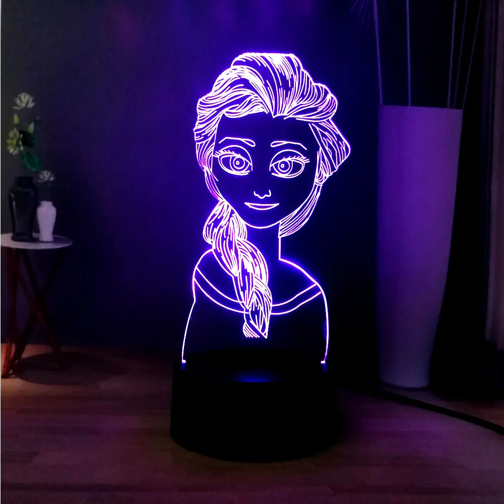 3D Night Light Cute Cartoon Elsa Princess Girl Head RGB 3 Color Change Atmosphere Bedside Light Kids Girl Gift Free Shipping