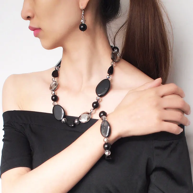 Trendy Resin Beaded Jewelry Sets Crystal Statement Necklaces Bracelets Earrings Women Statement Necklace Wedding Set