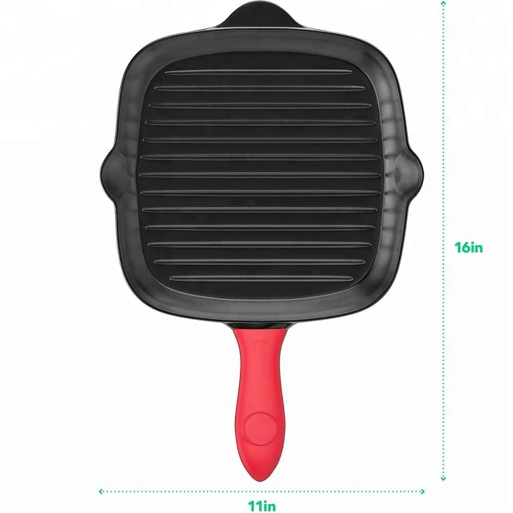 
Pre-Seasoned Cast Iron Square Grill Pan - 11 inch Nonstick Stove Top Grilling Pan for Oven and Vegetables - Silicone Handle Cove 