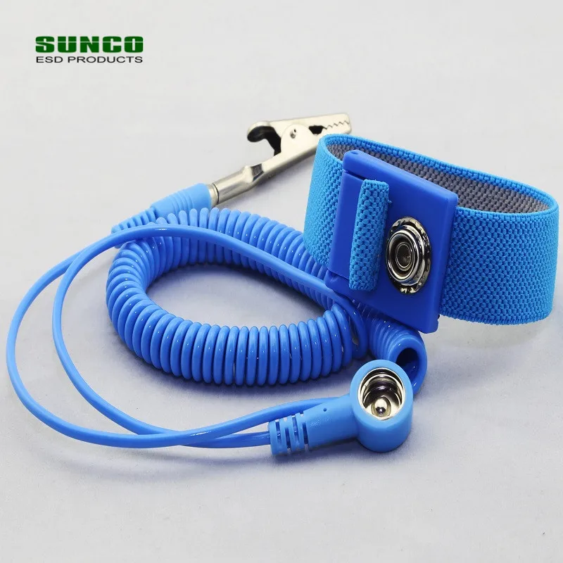 Elastic fabric conductive wrist strap with 1.8m coil cord and banana plug