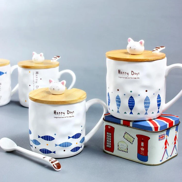 Japanese Styles Creative Cute Cat and Fish Cartoon Ceramic Mugs Breakfast Milk Cup With Spoon and Cover for Girls Gift