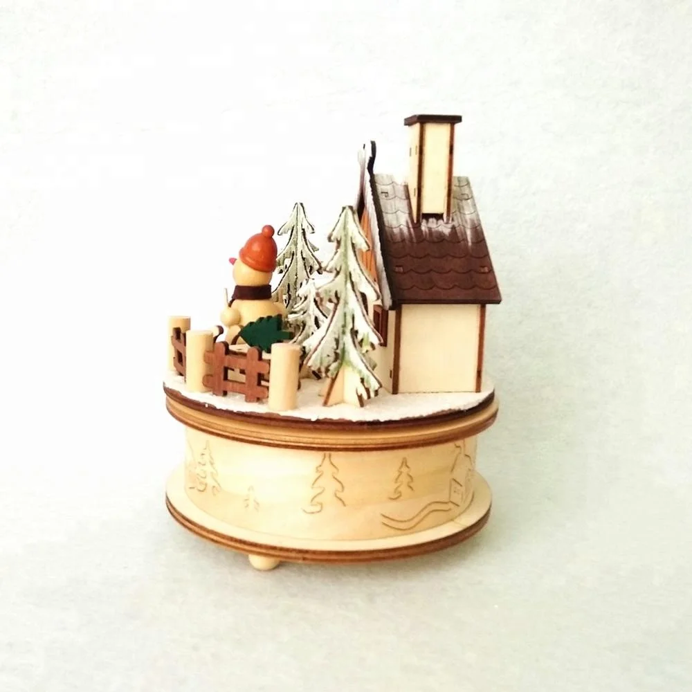Wood craft snowman mechanical music boxes with smoking house