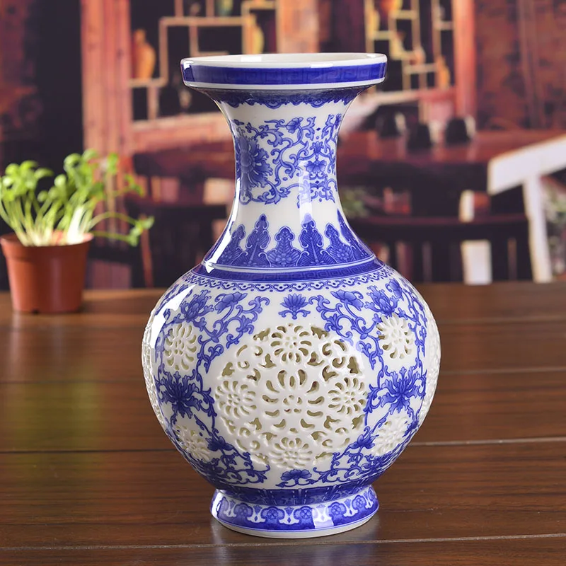 Оптовая продажа, старинная сине-белая ажурная керамическая ваза Jingdezhen