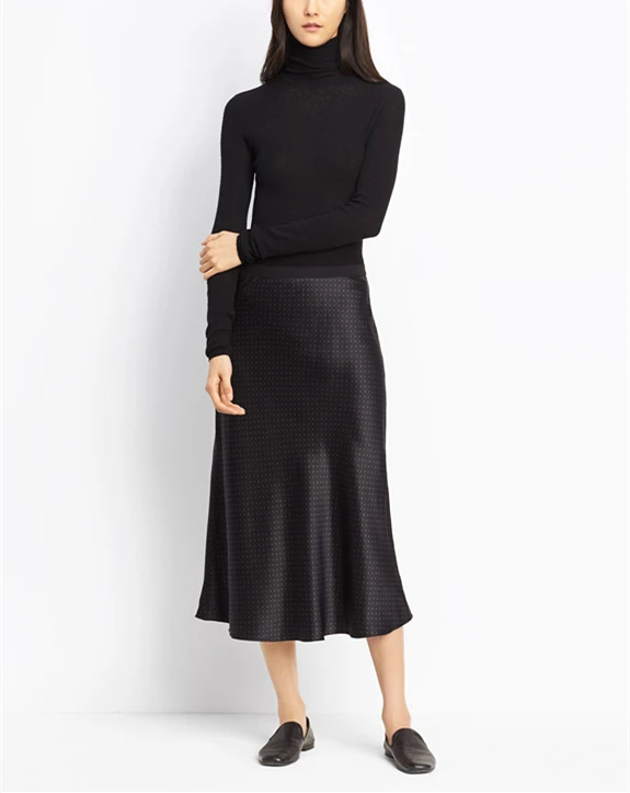 European Style Black Polka Dot Women High Waist A Line Silk Satin Skirt