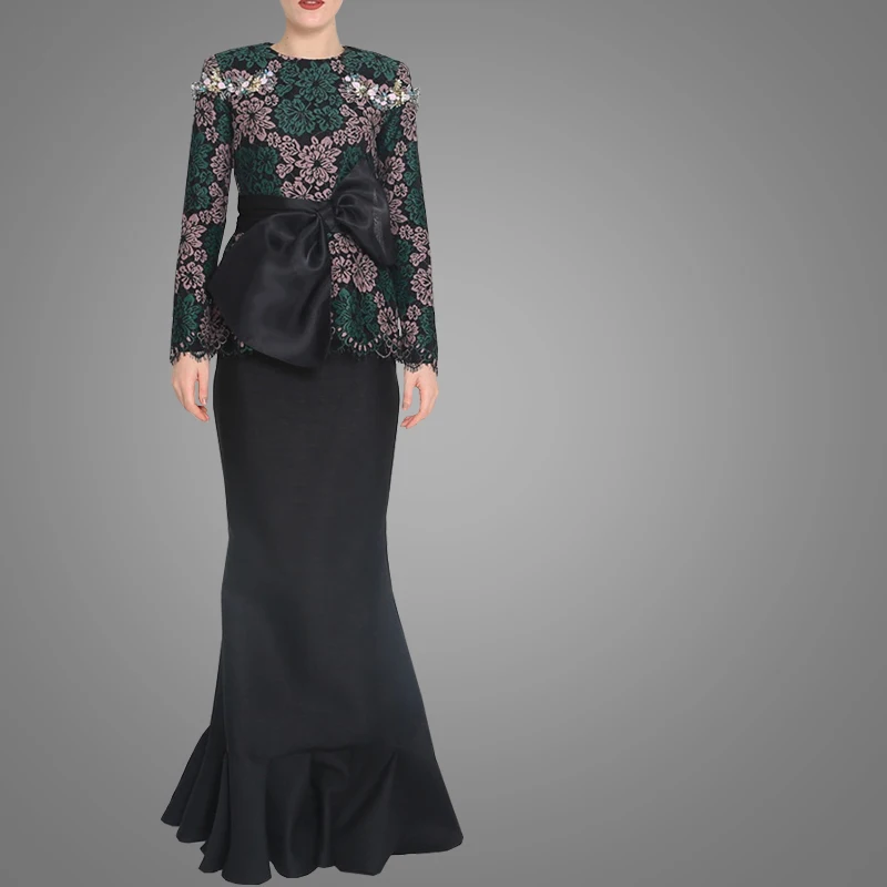 China OEM Service Fancy Malaysia Kebaya Wholesale Singapore Baju Kurung For Lady With Big Bowknot Elegsnt O Collar Women Wear