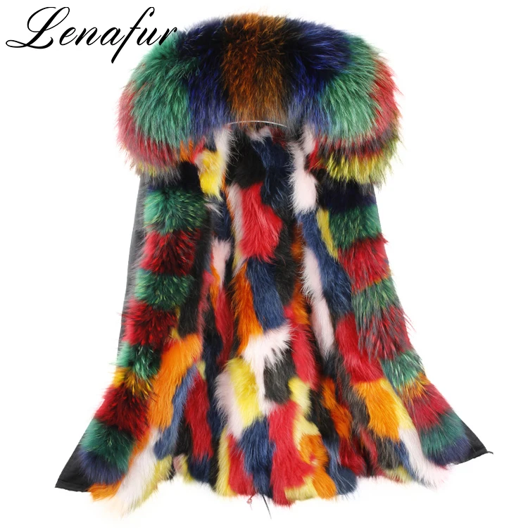 2018 New Fashion Design Colorful Fur Parka For Women Scarf Raccoon Fur Ladies Parka