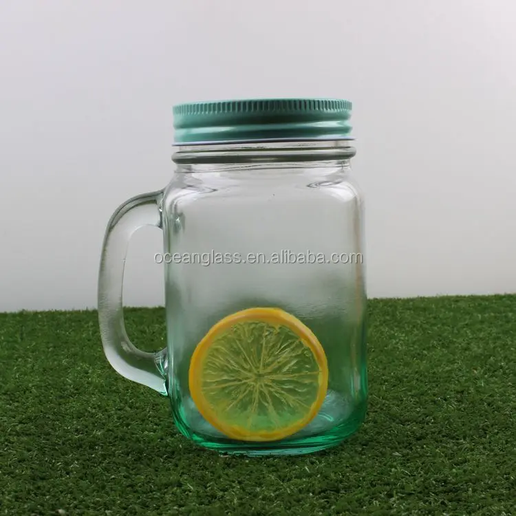 Colored glass drink cup with handle Mason jar mug with metal lids Wholesale 16oz drinking bottle with plastic straw