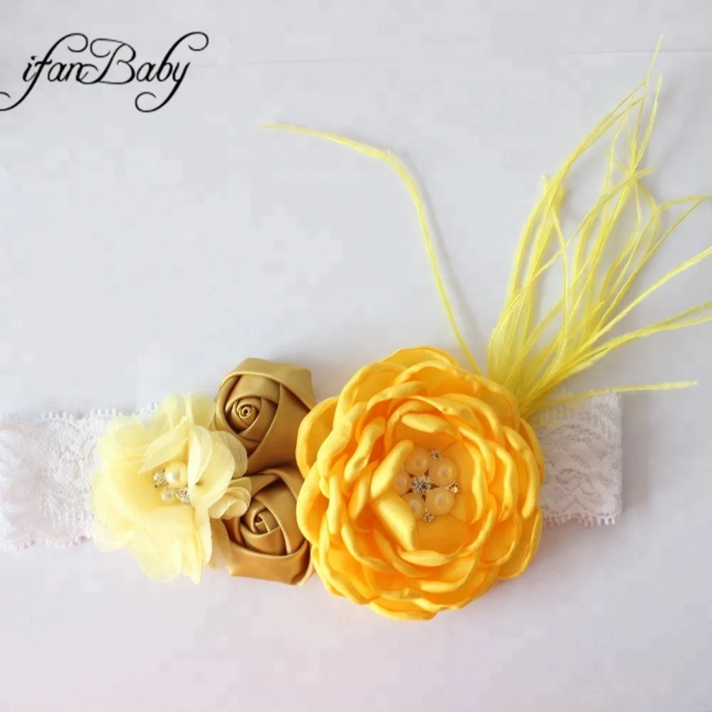 Girl Feather Lace Headband With Chiffon Flower Headband Rose Burn Flower Headband
