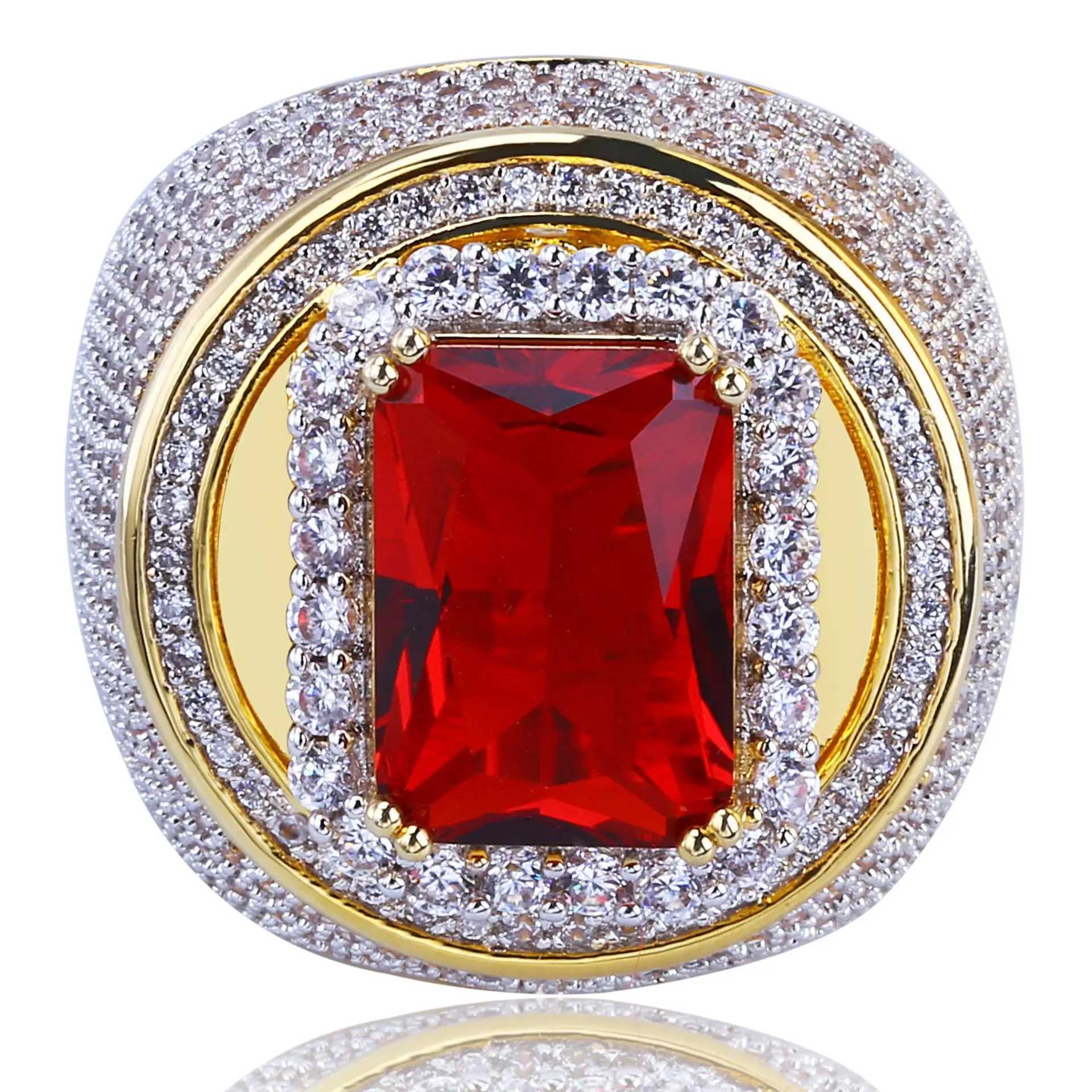 Luxury High-end High Quality 18k Solid Gold Plated Micro Pave AAA CZ Stone  Bling Bling Saudi Arabia Ruby Ring Hiphop Jewelry