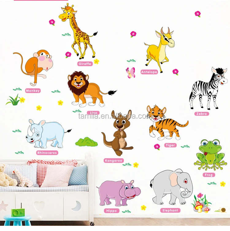 Self adhesive removable kids room decoration wall PVC cartoon animals English name sticker