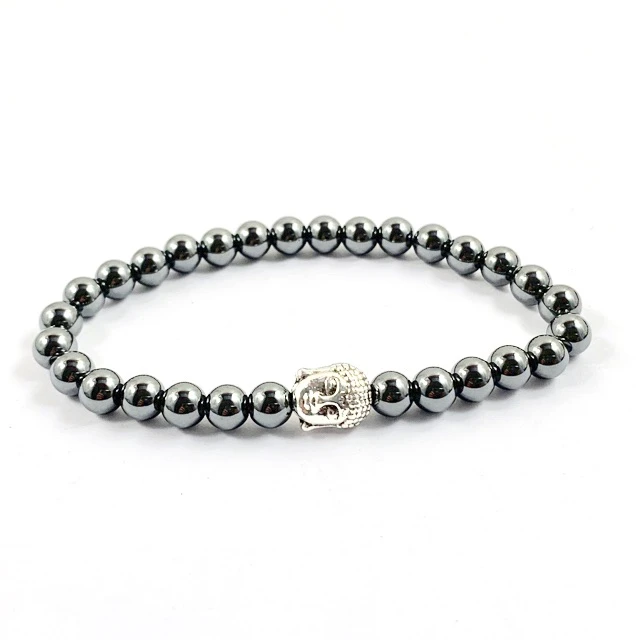 Wholesale 6mm Hematite Gemstone Beaded Bracelets With A Buddha Head Bead