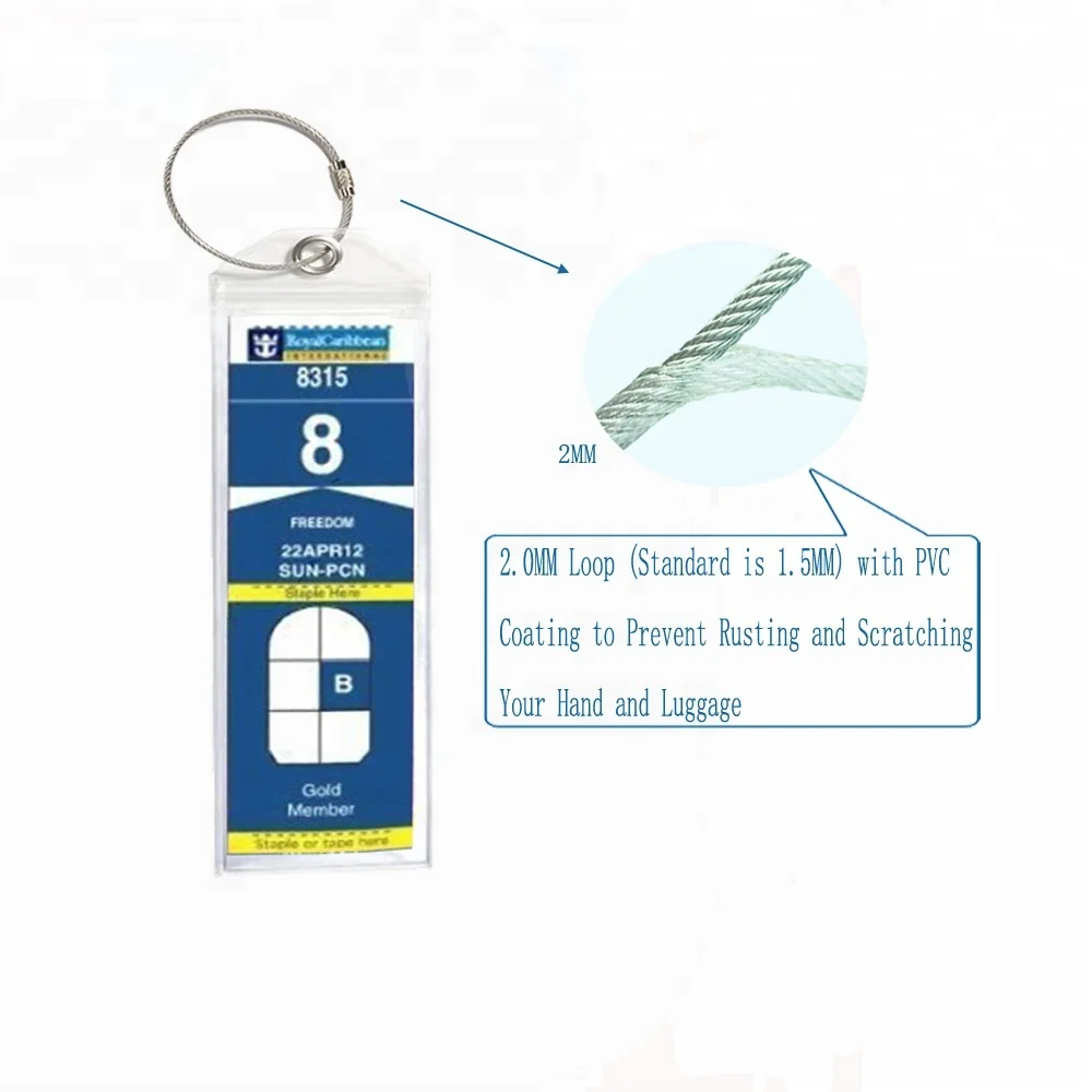 Plastic PVC cruise luggage tag holder top zip seal and steel loops use for Royal caribbean & celebrity cruise line