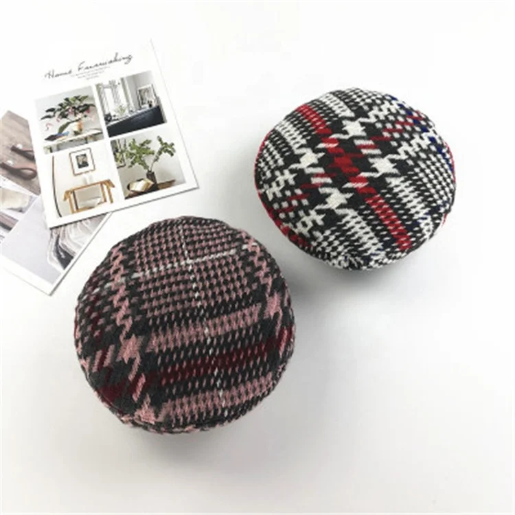 Winter High Quality Vintage Plaid Wool Stitching Check Ladies Army Beret