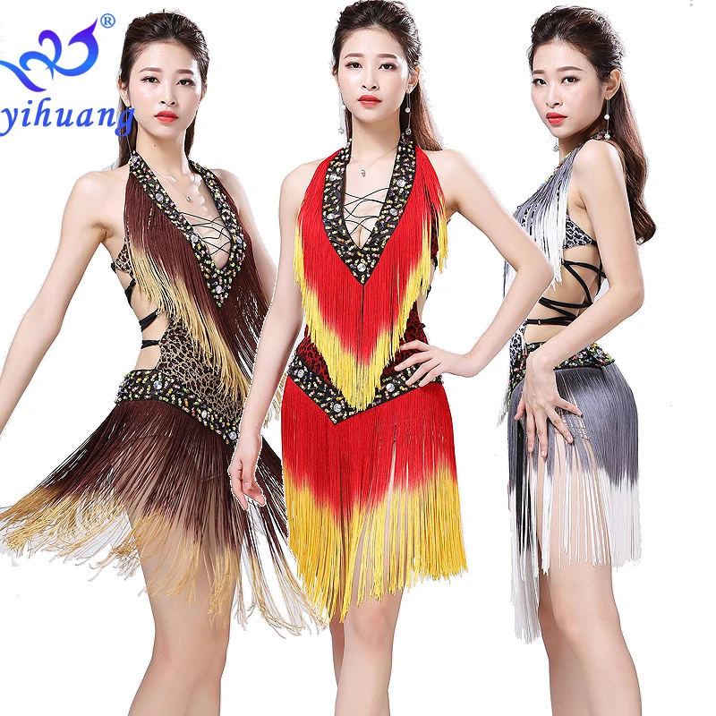 Leopard Backless Tassel Night Club Cocktail Party Latin Dance Costumes For Women Professional Dance Dress Ballroom V-neck