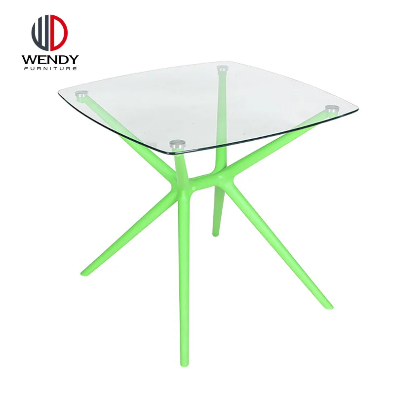 Simple design cheap leisure glass top  plastic leg dining table