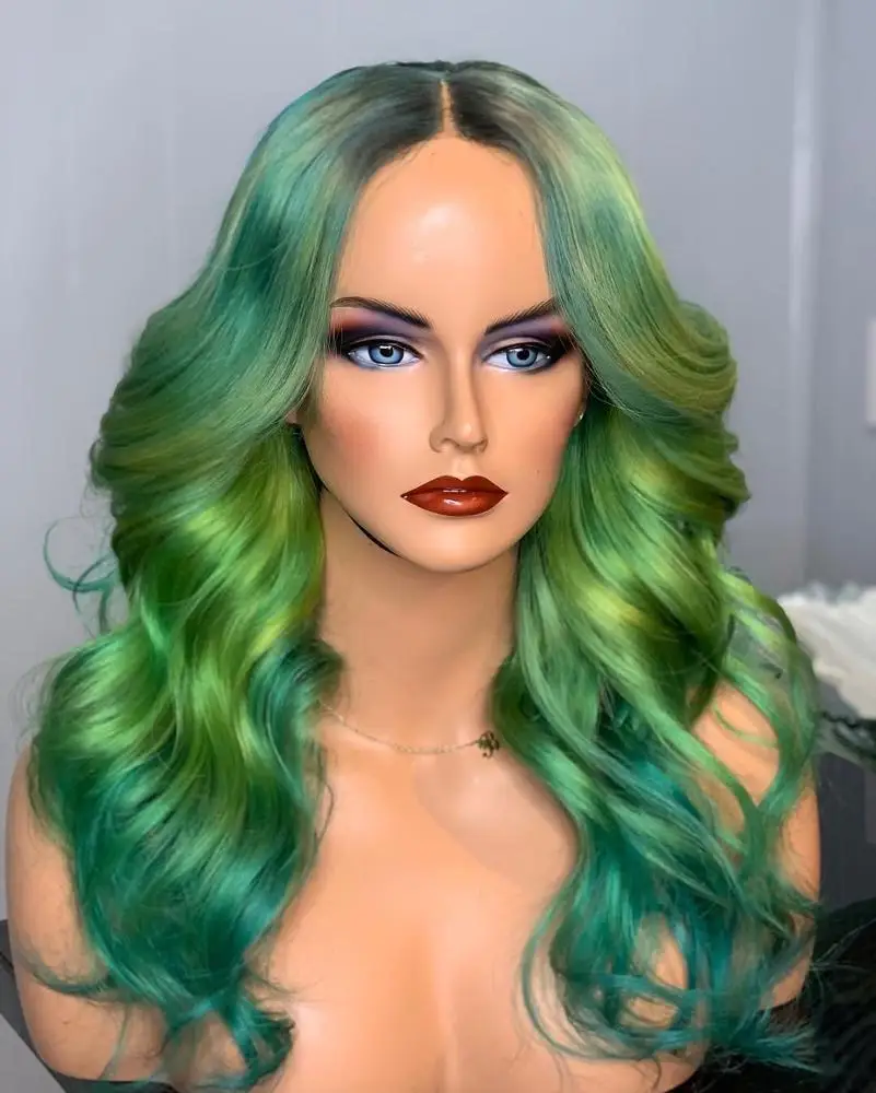 
Fashion Rainbow Virgin Hair #2 Ombre Blue Green Loose Wave Colorful Lace Front Wig Best Selling Human Hair wig 