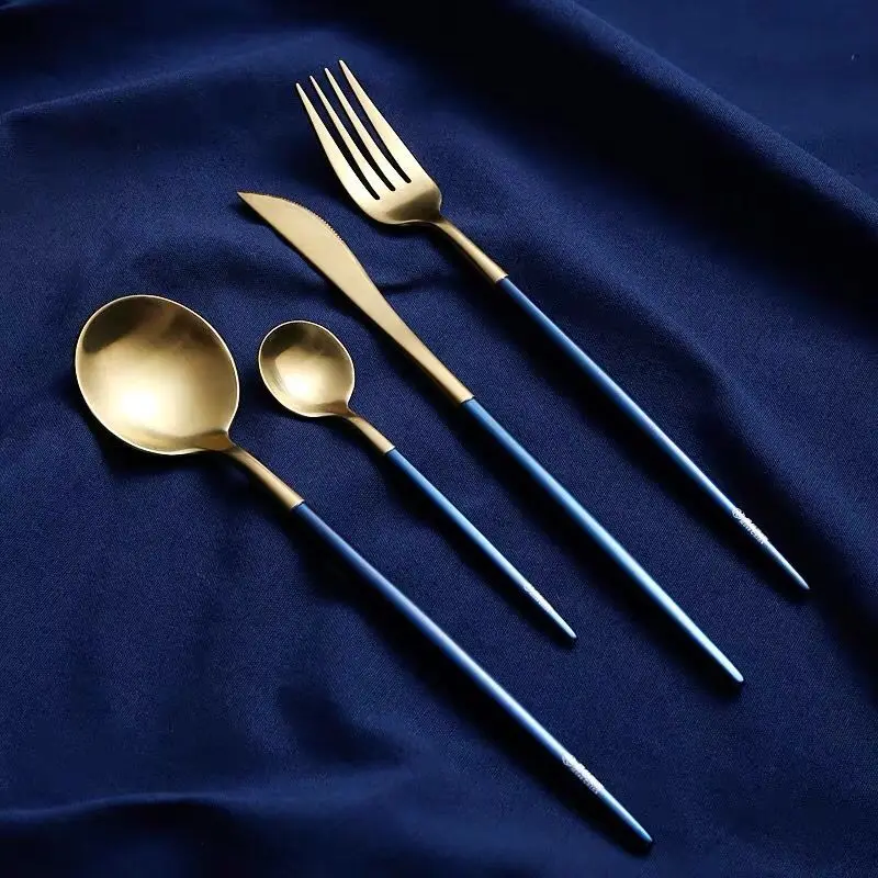 Cupitol Style Matte Gold Knife&Spoon&fork Set with Bule Handle Wholesale restaurant Luxury Blue Gold Silver Spoon Fork