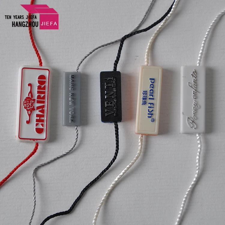 Low MOQ Suppliers Price Eco-Friendly Custom Brand Logo Ribbon Hang Plastic String Seal Tags for Clothing