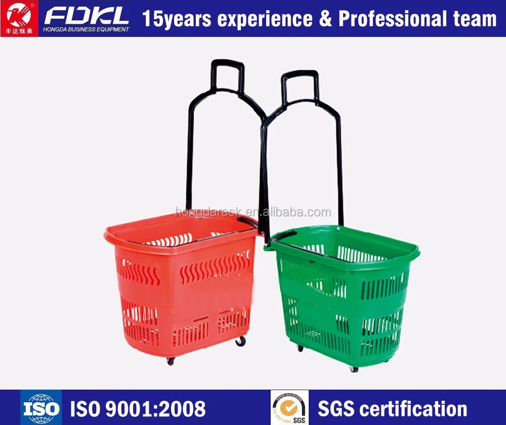 Large capacity perforated basket with castor trolley supermarket plastic cart collapsible shopping for shop