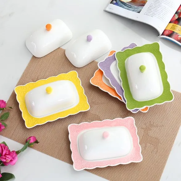 Fashion design colorful butter keeper ceramic butter dish with cover