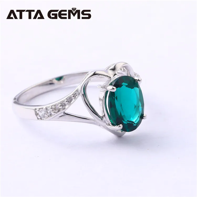 Synthetic Russian Heart Shape Oval Cut Emerald Nano 925 Silver Plated Platinum Ring for Valentines Gift