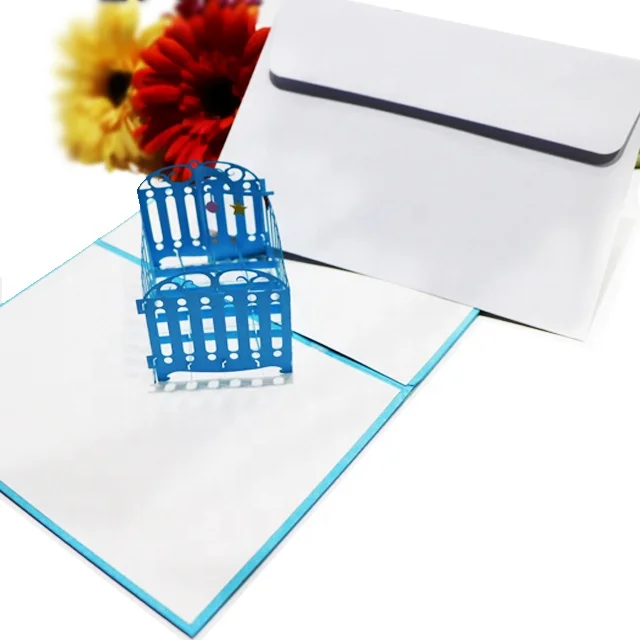 High Quality Laser Cut Baby in Crib Hollow 3D Pop Up birthday Greeting Card, Congratulations New Baby Girl