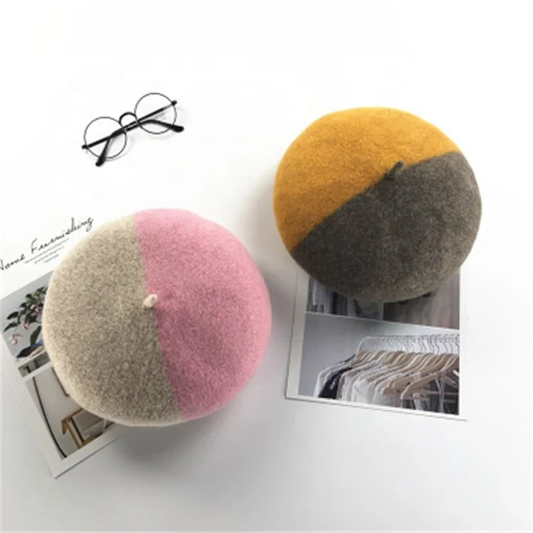 2019 Modern Stylish High Quality Winter Stitching Color Lady Wool Decorate Military Beret Painter Cap